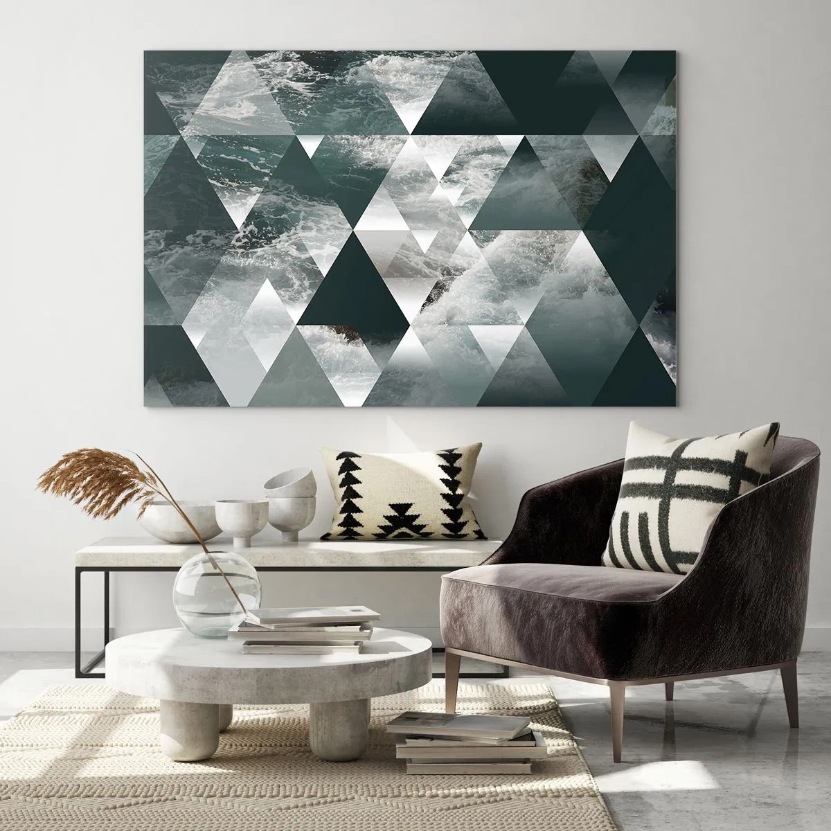 Glasbild - Bild auf glas - Abstrakte Komposition aus Dreiecken mit Wasserwellenmotiv - 120x80cm - Kristallperspektive - Moderne Wanddekoration für Wohnzimmer und Schlafzimmer ARTTOR