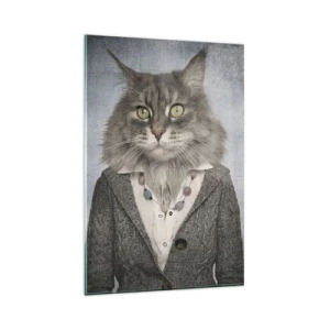 Glasbild - Bild auf glas - Ein Triptychon mit Tierfiguren in eleganter Kleidung vor stilisiertem Hintergrund - 80x120cm - Pelze sind wieder in Mode - Moderne Wanddekoration für Wohnzimmer und Schlafzimmer ARTTOR