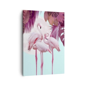 Bild auf Leinwand - Leinwandbild - Rosa Flamingos vor dem Hintergrund des Mondes und tropischer Blätter - 50x70cm - Drei Vogelgnaden - Moderne Wanddekoration für Wohnzimmer und Schlafzimmer ARTTOR