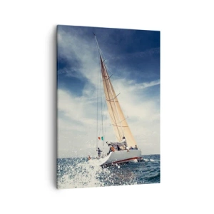 Bild auf Leinwand - Leinwandbild - Ein Segelboot auf stürmischer See unter blauem Himmel - 50x70cm - Sie werden uns nicht einholen! - Moderne Wanddekoration für Wohnzimmer und Schlafzimmer ARTTOR