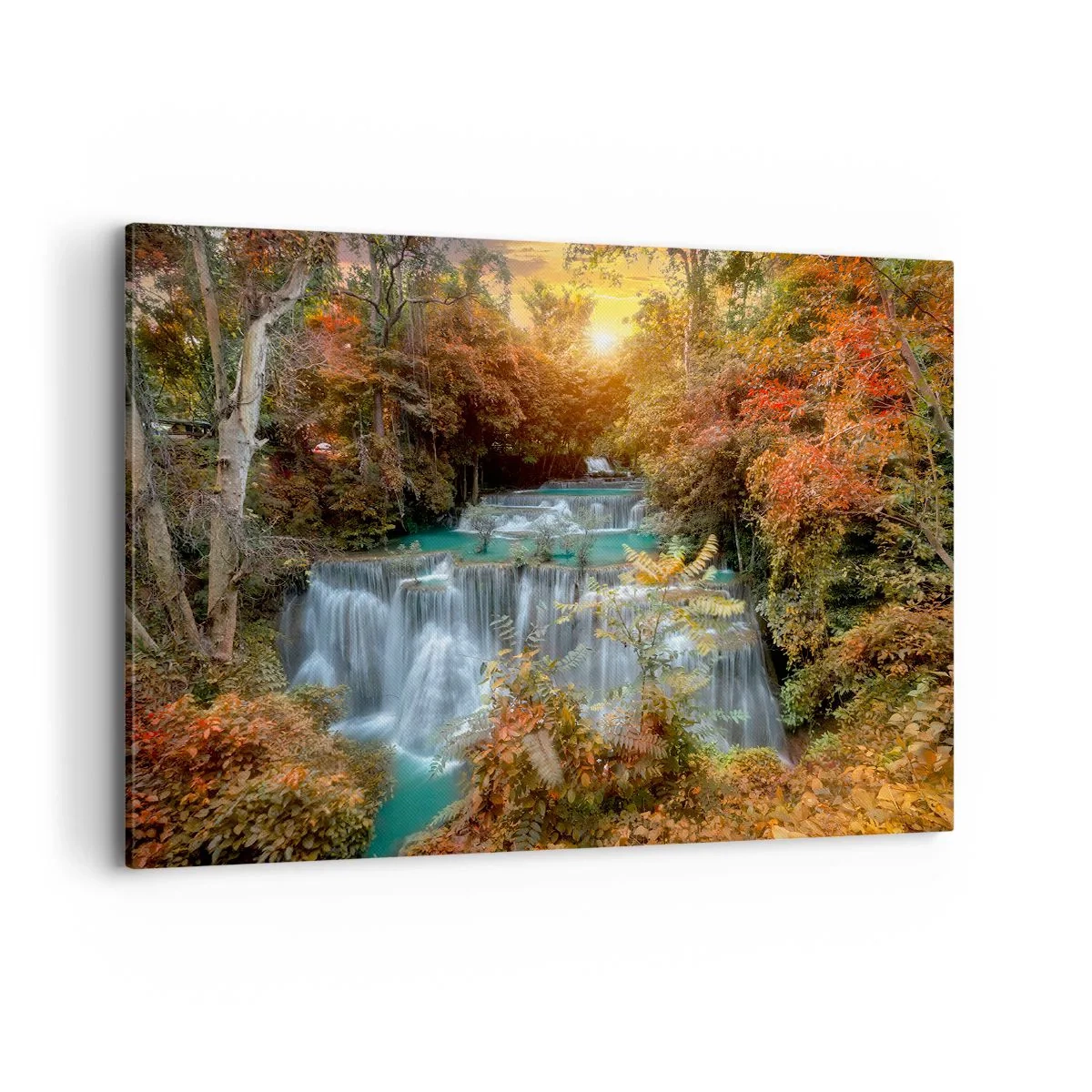 Bild auf Leinwand - Leinwandbild - Herbstlicher Wasserfall, umgeben von bunten Bäumen im Sonnenlicht - 100x70cm - Versteckter Schatz des Waldes - Moderne Wanddekoration für Wohnzimmer und Schlafzimmer ARTTOR