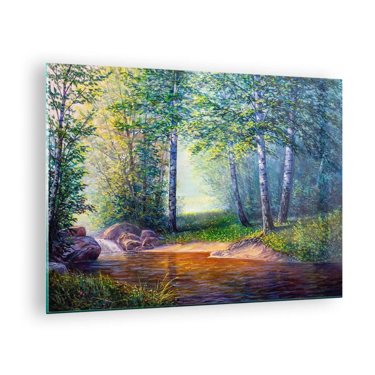 Glasbild - Bild auf glas - Ein Waldbach, umgeben von Bäumen in den Sonnenstrahlen - 70x50cm - Idyllische Landschaft - Moderne Wanddekoration für Wohnzimmer und Schlafzimmer ARTTOR