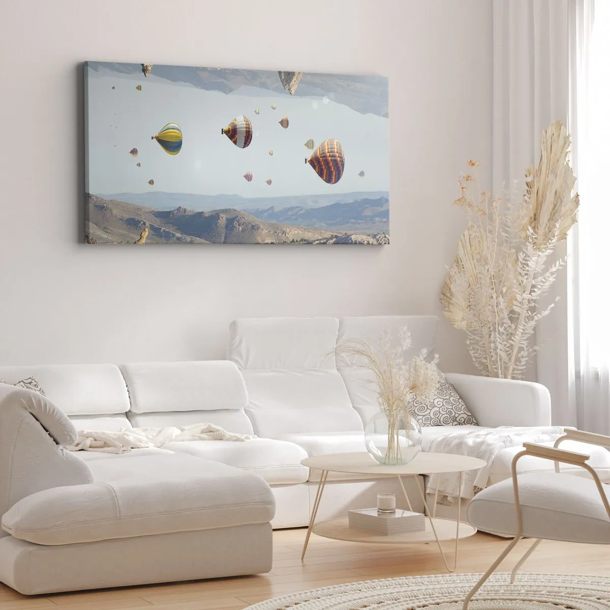Bild auf Leinwand - Leinwandbild - Bunte Ballons über einer felsigen Landschaft - 120x50cm - Hier ist alles möglich - Moderne Wanddekoration für Wohnzimmer und Schlafzimmer ARTTOR