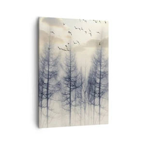 Bild auf Leinwand - Leinwandbild - Nebliger Wald mit Vögeln vor dem Sonnenuntergangshimmel - 50x70cm - Waldgeister - Moderne Wanddekoration für Wohnzimmer und Schlafzimmer ARTTOR