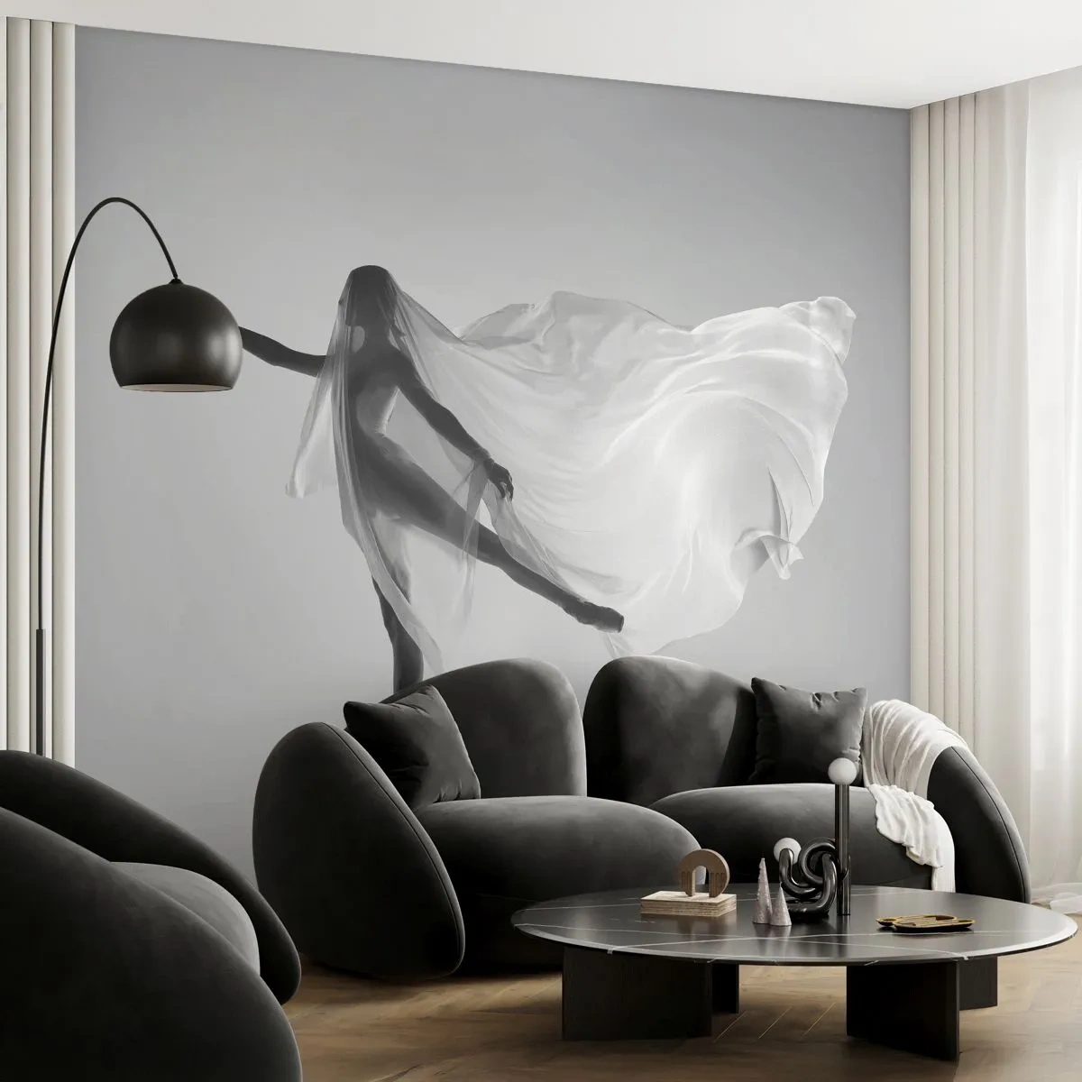 Fototapete Premium Sand - Eine Tänzerin, eingehüllt in einen luftigen weißen Schleier - 100x70cm - Leichtigkeit und Anmut - Moderne Wanddekoration für Wohnzimmer und Schlafzimmer ARTTOR