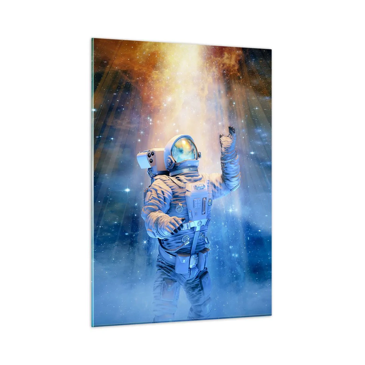Glasbild - Bild auf glas - Ein Astronaut im Weltraum, beleuchtet von Lichtstrahlen - 50x70cm - Endlich am Ende - Moderne Wanddekoration für Wohnzimmer und Schlafzimmer ARTTOR