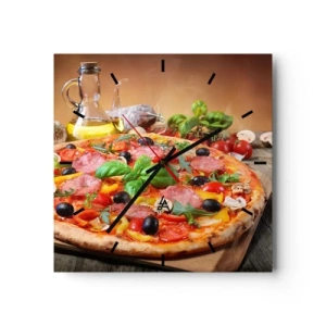 Wanduhr - Glasuhr - Appetitliche Pizza auf einem Holztisch mit Belag - 30x30cm - Mit echtem italienischem Flair - Moderne Wanddekoration für Wohnzimmer und Schlafzimmer ARTTOR