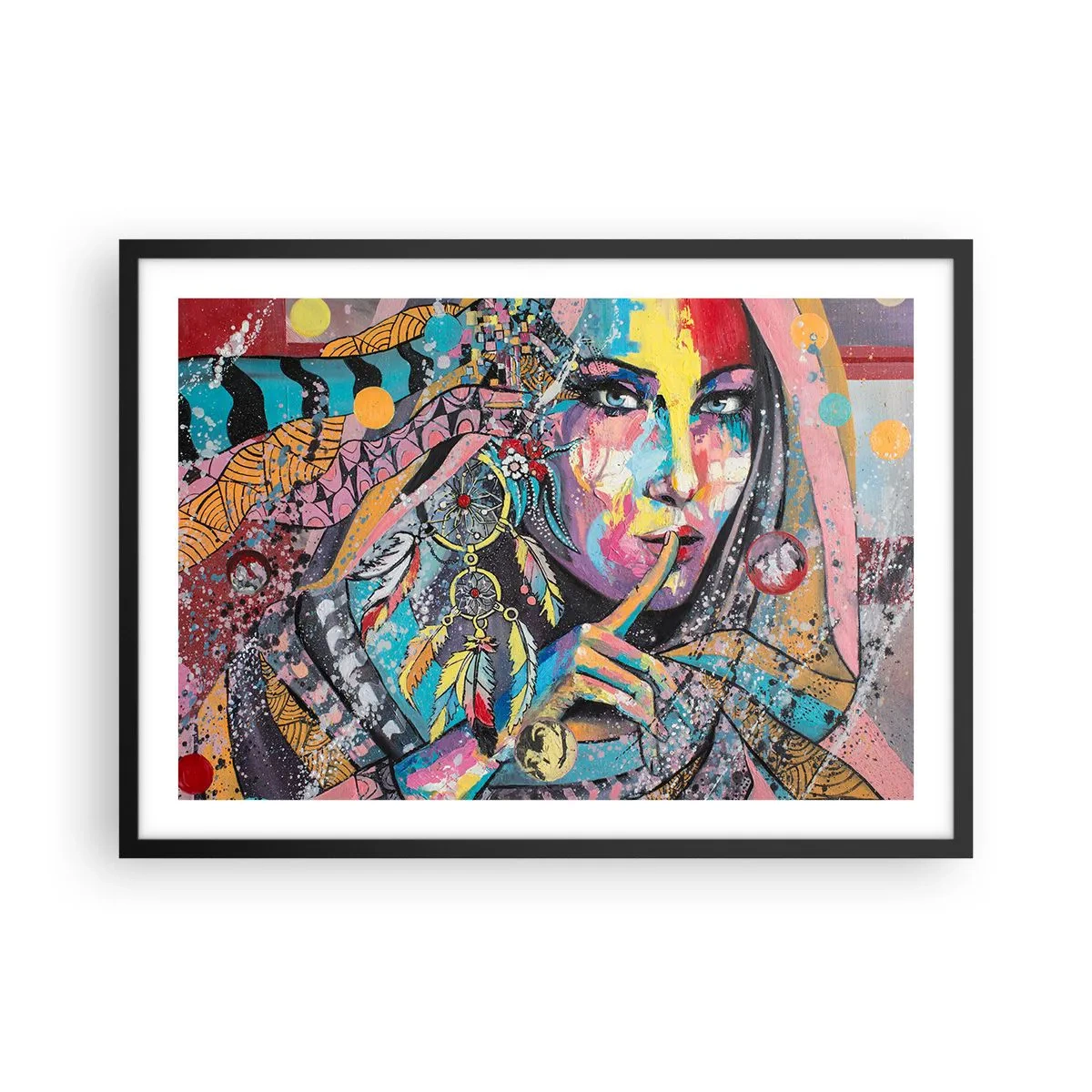 Poster in einem schwarzem Rahmen - Buntes weibliches Gesicht im künstlerischen Stil - 70x50cm - Sei still, bis du verstehst - Moderne Wanddekoration für Wohnzimmer und Schlafzimmer ARTTOR
