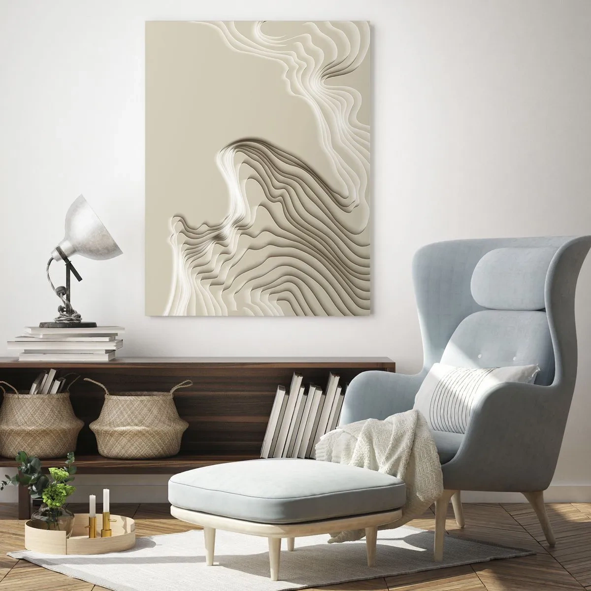 Glasbild - Bild auf glas - Minimalistische Abstraktion mit topografischen Linien auf beigem Hintergrund. - 50x70cm - Topographie der Kunst - Moderne Wanddekoration für Wohnzimmer und Schlafzimmer ARTTOR