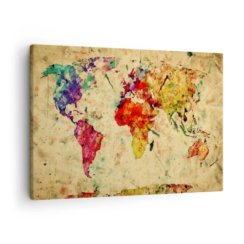 Bild auf Leinwand - Leinwandbild - Eine farbenfrohe, künstlerische Interpretation der Weltkarte - 70x50cm - Leben wie buntes Kartenpapier - Moderne Wanddekoration für Wohnzimmer und Schlafzimmer ARTTOR