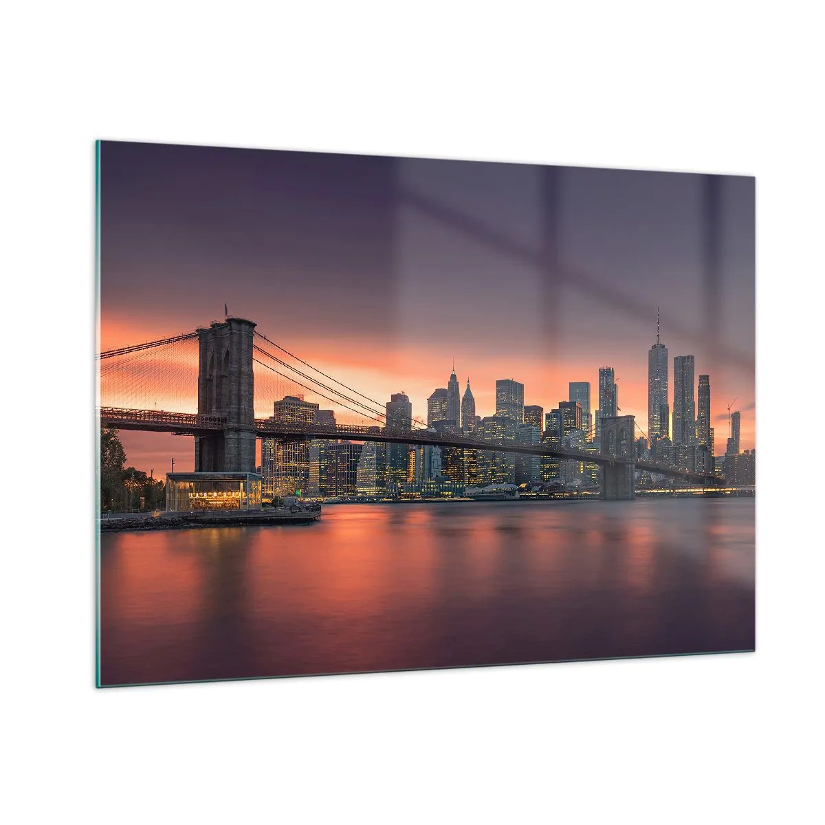 Glasbild - Bild auf glas - Brooklyn Bridge bei Sonnenuntergang - 100x70cm - Eingetaucht in lila Stille - Moderne Wanddekoration für Wohnzimmer und Schlafzimmer ARTTOR