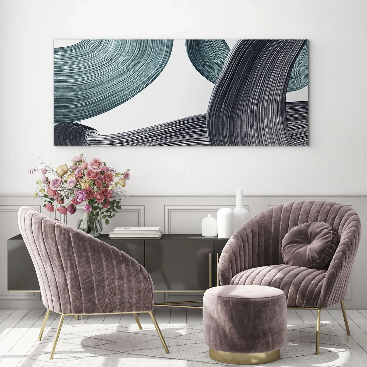 Glasbild - Bild auf glas - Fließende abstrakte Linien in Grün- und Grautönen - 160x50cm - Smaragdgrüne und schwarze Pfade - Moderne Wanddekoration für Wohnzimmer und Schlafzimmer ARTTOR