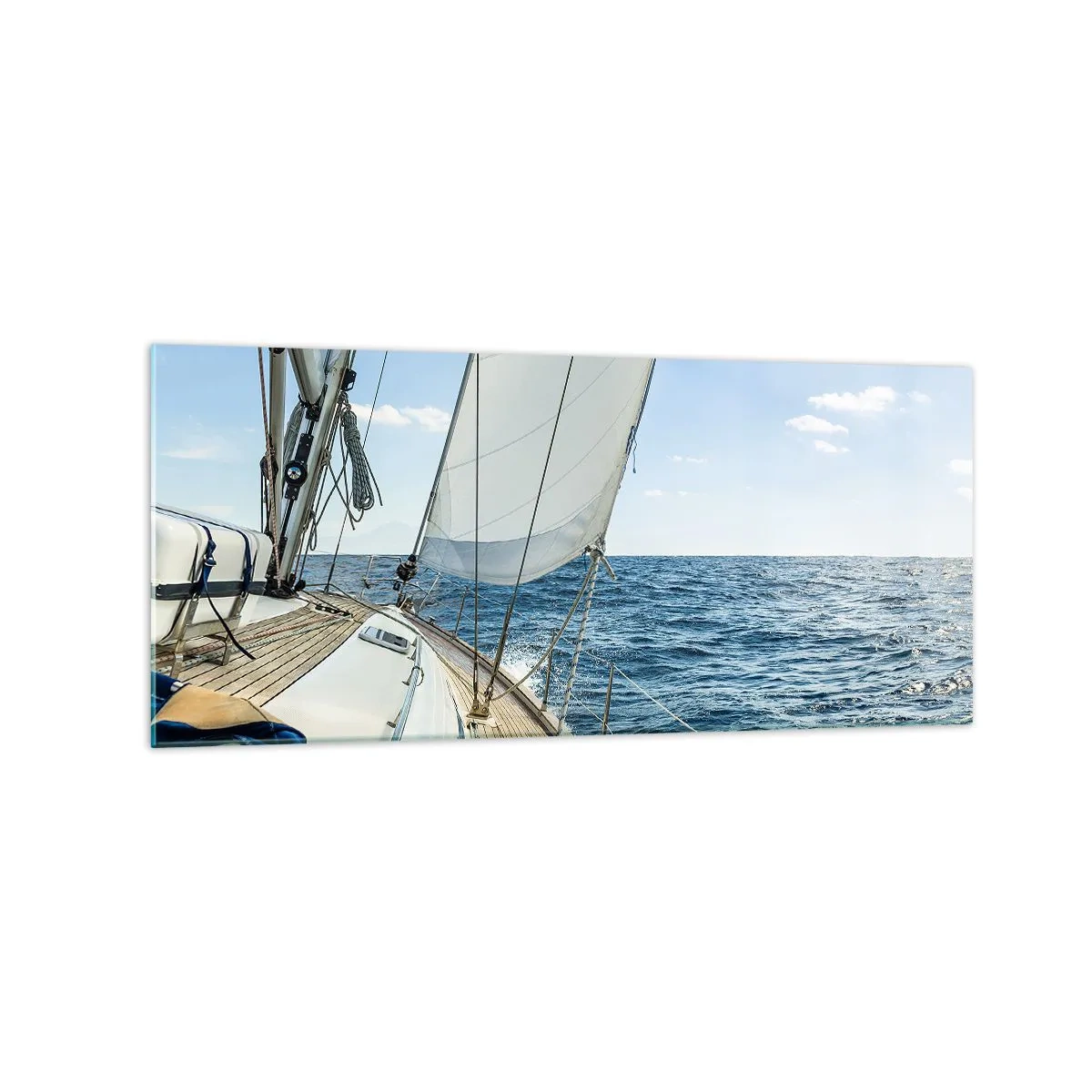 Glasbild - Bild auf glas - Ein Segelboot auf ruhiger See unter blauem Himmel - 120x50cm - Ahoi, Abenteuer - Moderne Wanddekoration für Wohnzimmer und Schlafzimmer ARTTOR