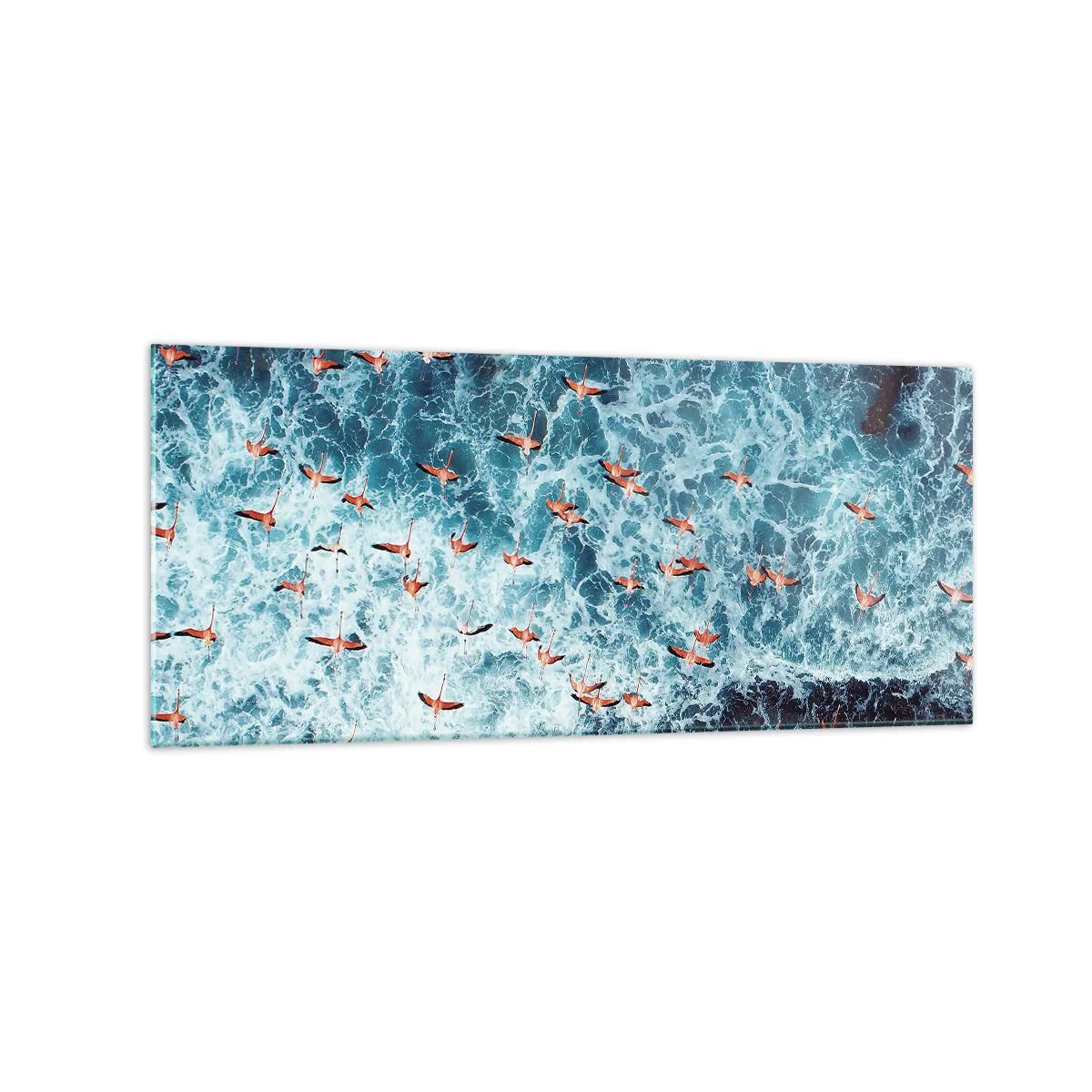 Glasbild - Bild auf glas - Eine Vogelperspektive auf rosa Flamingos über einem blauen Ozean - 120x50cm - Die Küstenparade - Moderne Wanddekoration für Wohnzimmer und Schlafzimmer ARTTOR