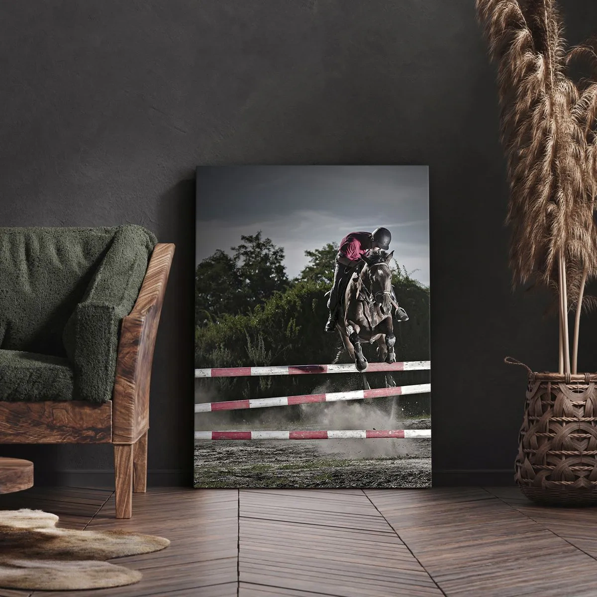 Bild auf Leinwand - Leinwandbild - Ein Reiter auf einem Pferd springt über ein Hindernis auf einer Rennbahn - 50x70cm - Gemeinsam zum Sieg - Moderne Wanddekoration für Wohnzimmer und Schlafzimmer ARTTOR