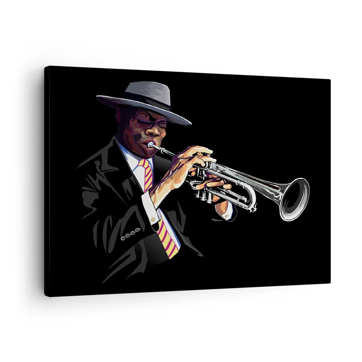 Bild auf Leinwand - Leinwandbild - Ein Musiker spielt Trompete vor schwarzem Hintergrund - 70x50cm - Charme der alten Schule - Moderne Wanddekoration für Wohnzimmer und Schlafzimmer ARTTOR