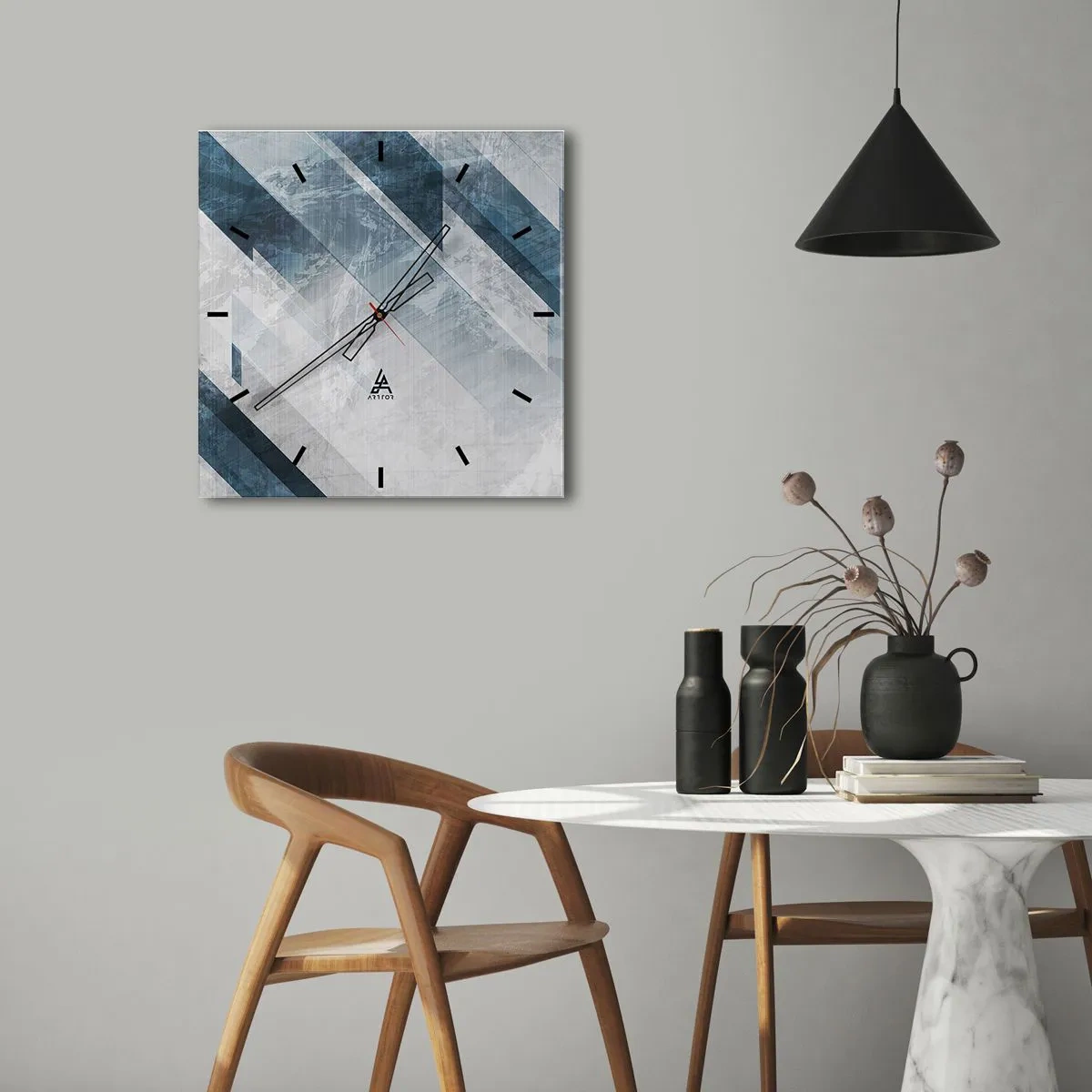 Wanduhr - Glasuhr - Abstrakte Linien in Grau- und Blautönen - 30x30cm - Räumliche Komposition - graue Bewegung - Moderne Wanddekoration für Wohnzimmer und Schlafzimmer ARTTOR