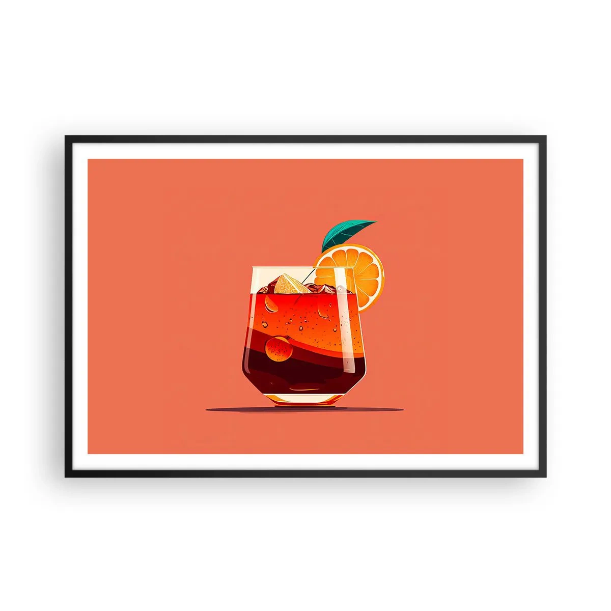 Poster in einem schwarzem Rahmen - Ein Glas Getränk und eine Orangenscheibe auf orangefarbenem Hintergrund - 100x70cm - Sommerliche Erfrischung - Moderne Wanddekoration für Wohnzimmer und Schlafzimmer ARTTOR