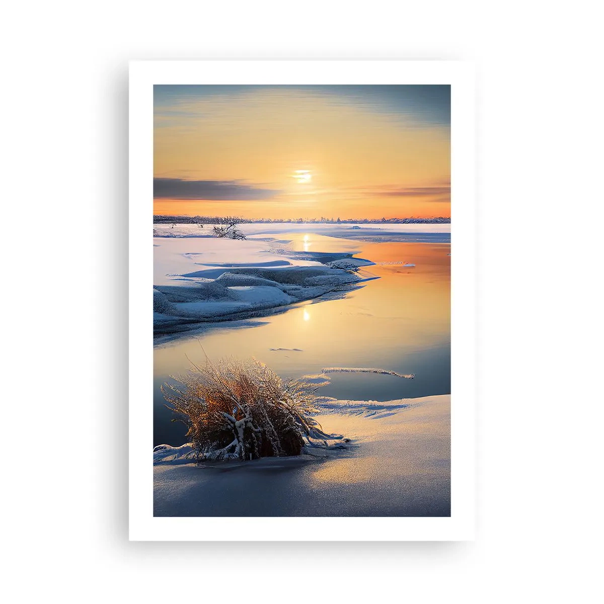 Poster - Winterlandschaft mit einem Fluss bei Sonnenuntergang - 50x70cm - Wintersonnenuntergang - Moderne Wanddekoration für Wohnzimmer und Schlafzimmer ARTTOR
