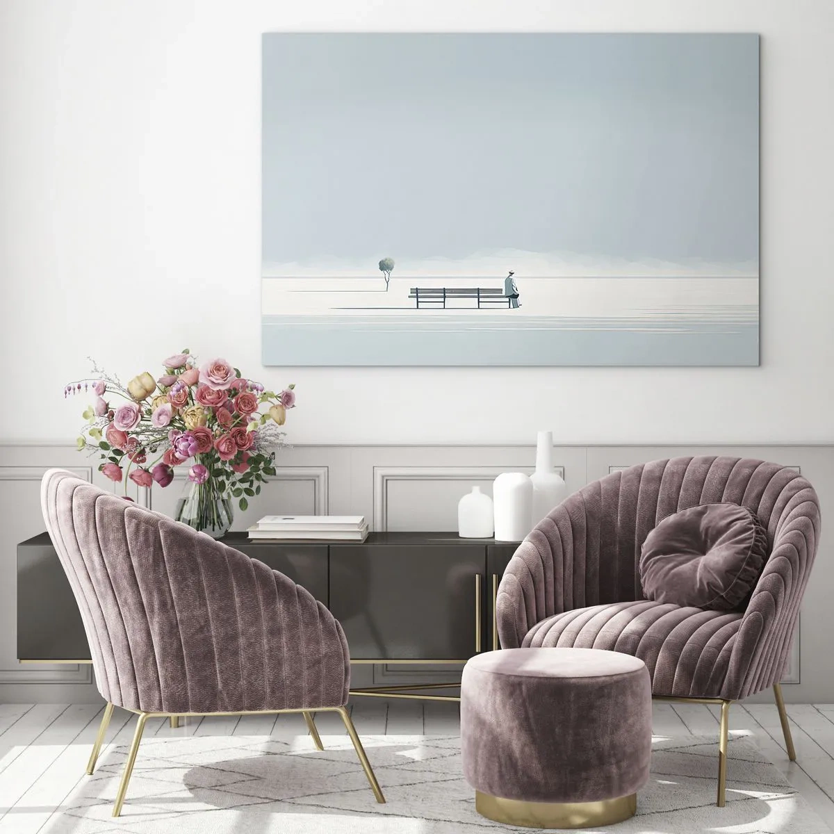 Glasbild - Bild auf glas - Eine Figur auf einer Bank in einer minimalistischen Landschaft - 120x80cm - Ja, ich warte. - Moderne Wanddekoration für Wohnzimmer und Schlafzimmer ARTTOR