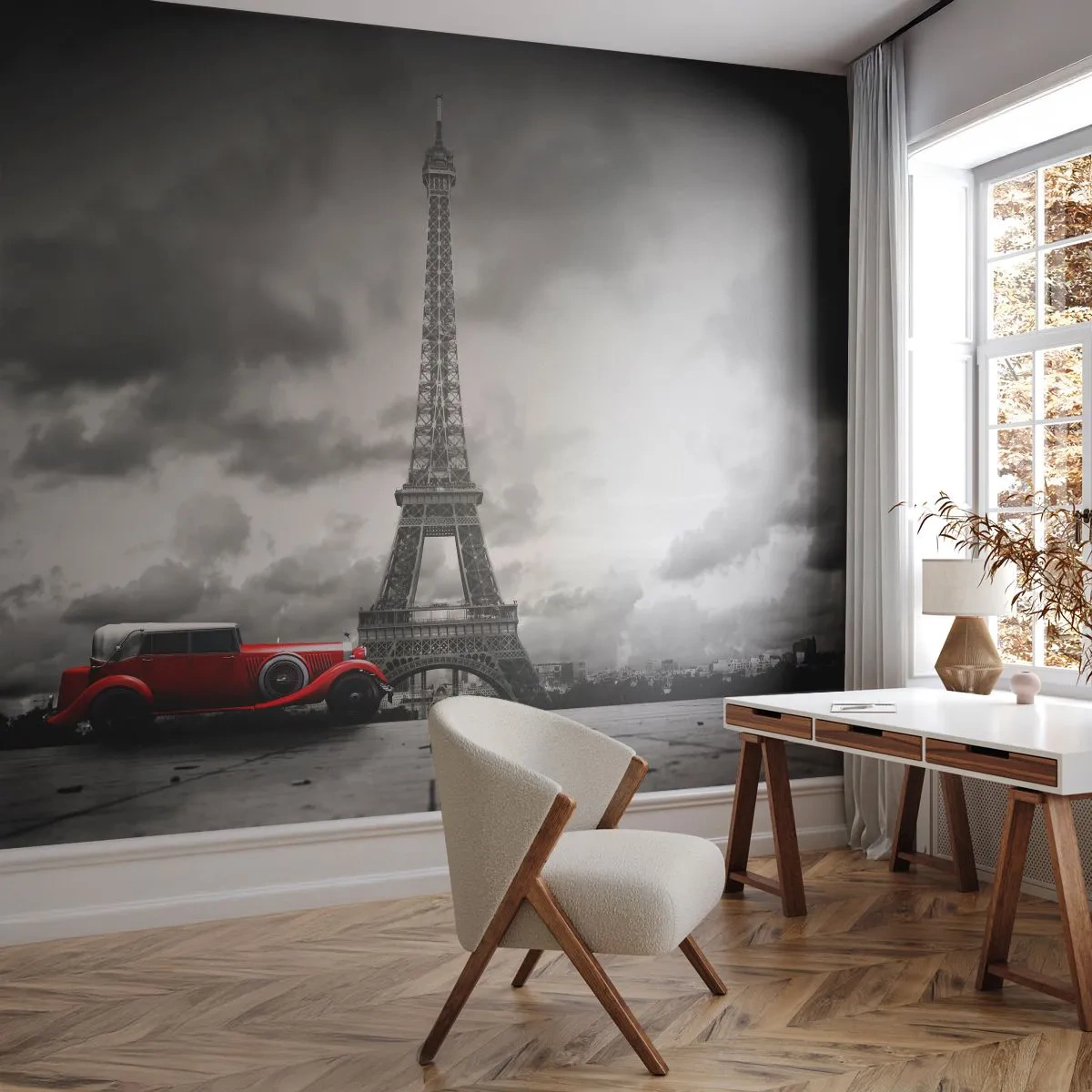 Fototapete Premium Sand - Schwarz-Weiß-Panorama von Paris mit einem roten Auto - 100x70cm - Vor nicht allzu langer Zeit in Paris - Moderne Wanddekoration für Wohnzimmer und Schlafzimmer ARTTOR