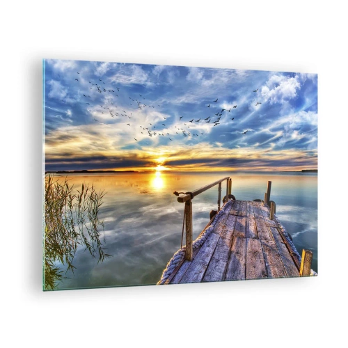 Glasbild - Bild auf glas - Lakeside Pier bei Sonnenuntergang mit Vögeln am Himmel - 70x50cm - Der Wind geht zur Ruhe - Moderne Wanddekoration für Wohnzimmer und Schlafzimmer ARTTOR