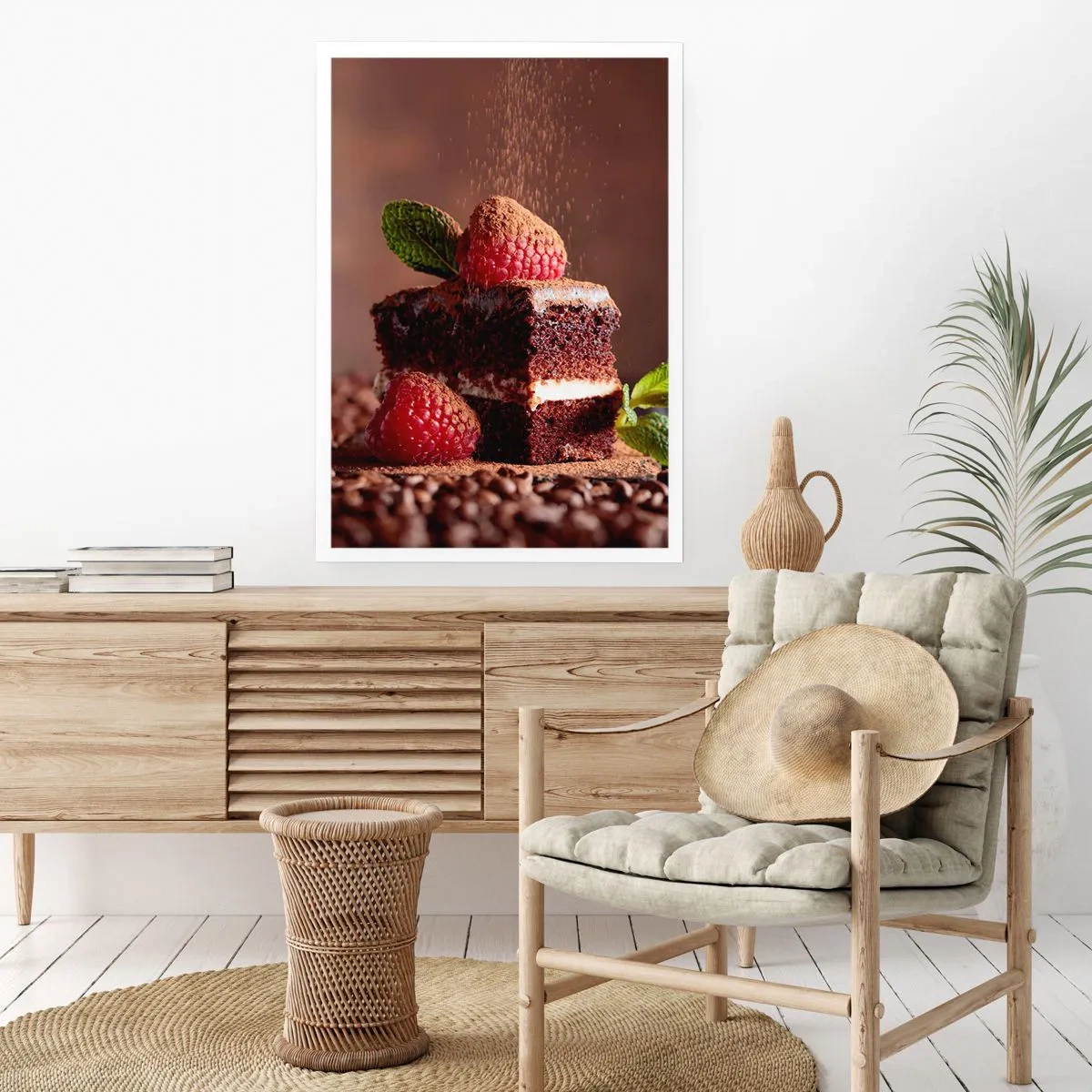 Poster - Schokoladenkuchen mit Himbeeren und Kakaostreuseln - 50x70cm - Das Leben ist süß - Moderne Wanddekoration für Wohnzimmer und Schlafzimmer ARTTOR