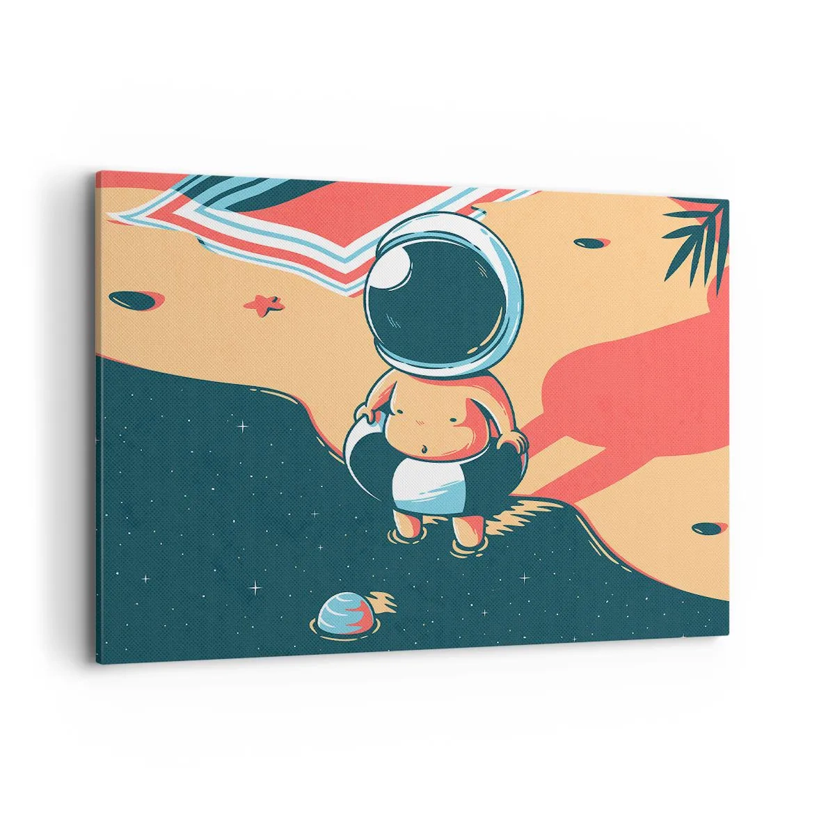 Bild auf Leinwand - Leinwandbild - Lustiger Astronaut am Strand mit Weltraumelementen im Hintergrund - 100x70cm - Aus einer anderen Perspektive - Moderne Wanddekoration für Wohnzimmer und Schlafzimmer ARTTOR