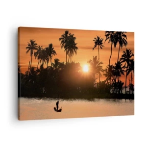Bild auf Leinwand - Leinwandbild - Sonnenuntergang über Palmen und einem ruhigen See mit einem Boot - 70x50cm - Zeit zum Entspannen - Moderne Wanddekoration für Wohnzimmer und Schlafzimmer ARTTOR