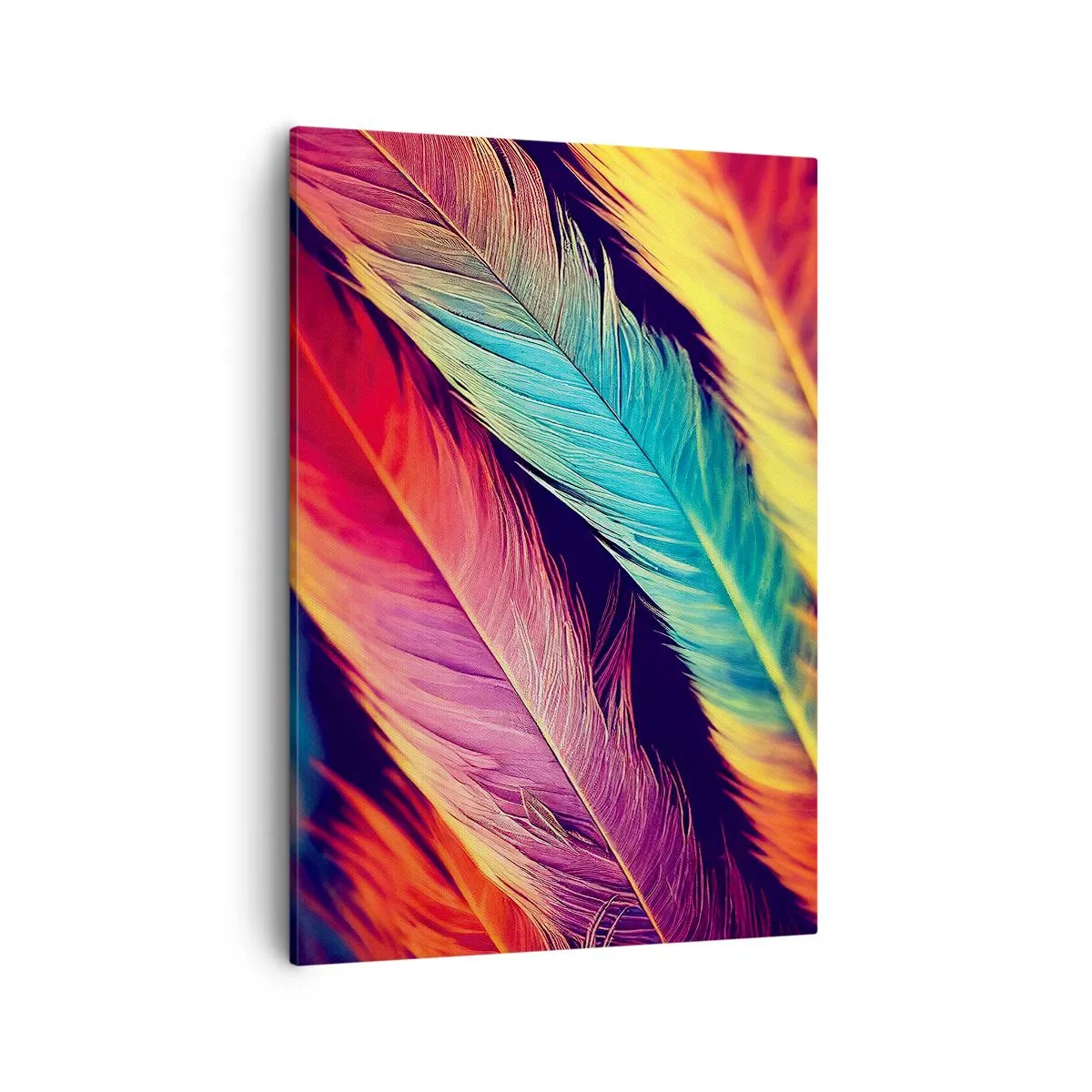 Bild auf Leinwand - Leinwandbild - Bunte Federn in intensiven Farben - 50x70cm - Gefiederter Regenbogen - Moderne Wanddekoration für Wohnzimmer und Schlafzimmer ARTTOR