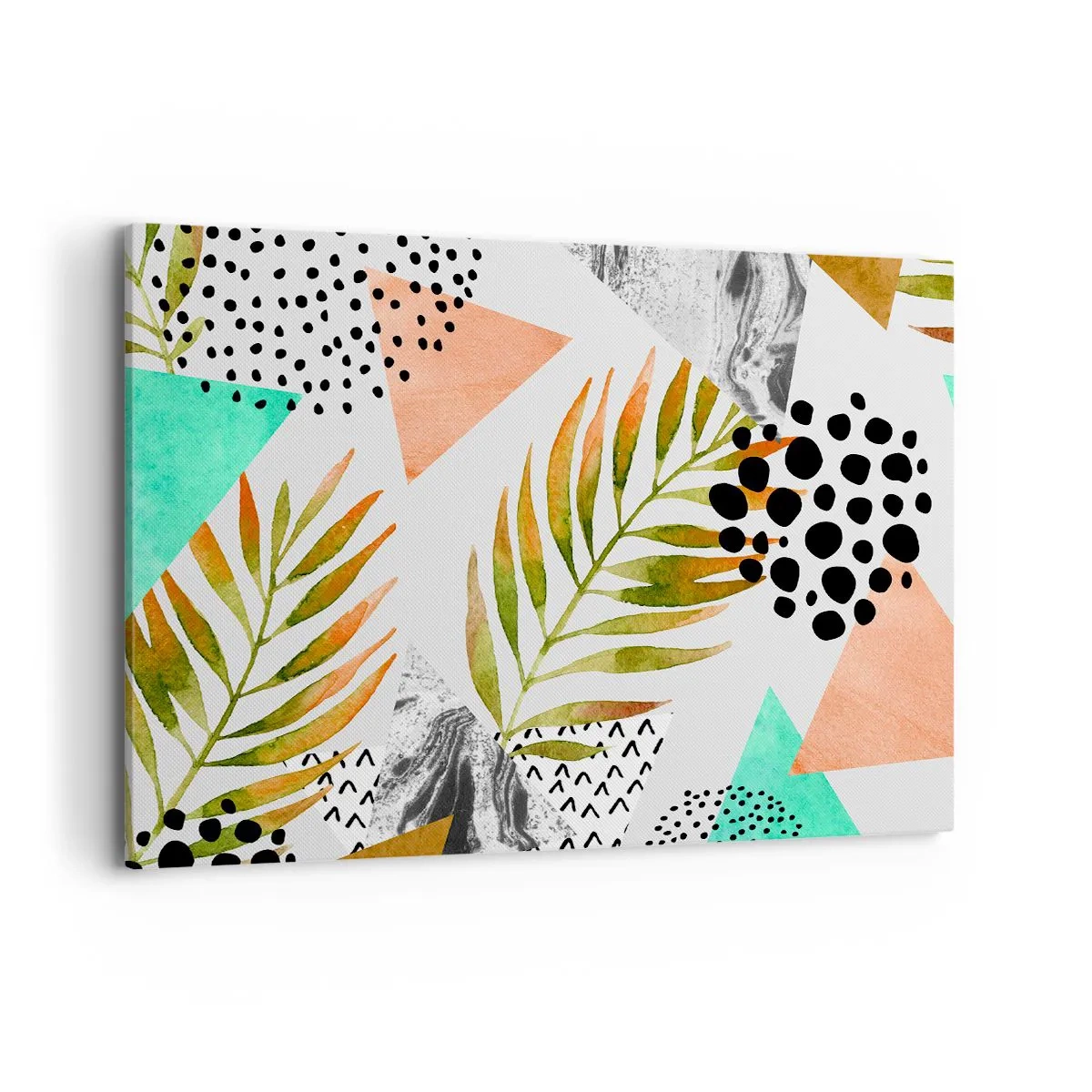 Bild auf Leinwand - Leinwandbild - Tropisches Muster mit Blättern und geometrischen Formen - 100x70cm - Dekoration mit Palmblatt - Moderne Wanddekoration für Wohnzimmer und Schlafzimmer ARTTOR