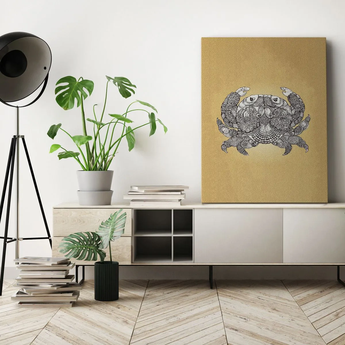 Bild auf Leinwand - Leinwandbild - Dekorative Zeichnung einer Krabbe auf goldenem Hintergrund - 50x70cm - Geschichten von Mr. Krabs - Moderne Wanddekoration für Wohnzimmer und Schlafzimmer ARTTOR