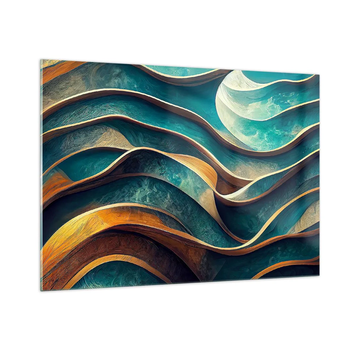 Glasbild - Bild auf glas - Dynamische Linien in Blau und Kupfer erzeugen Wellen - 100x70cm - Blaue Mäander - Moderne Wanddekoration für Wohnzimmer und Schlafzimmer ARTTOR