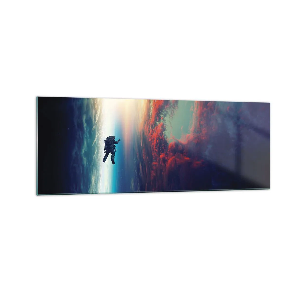 Glasbild - Bild auf glas - Ein Astronaut schwebt im Weltraum über einer bunten Erde - 140x50cm - Sich dem Universum stellen - Moderne Wanddekoration für Wohnzimmer und Schlafzimmer ARTTOR