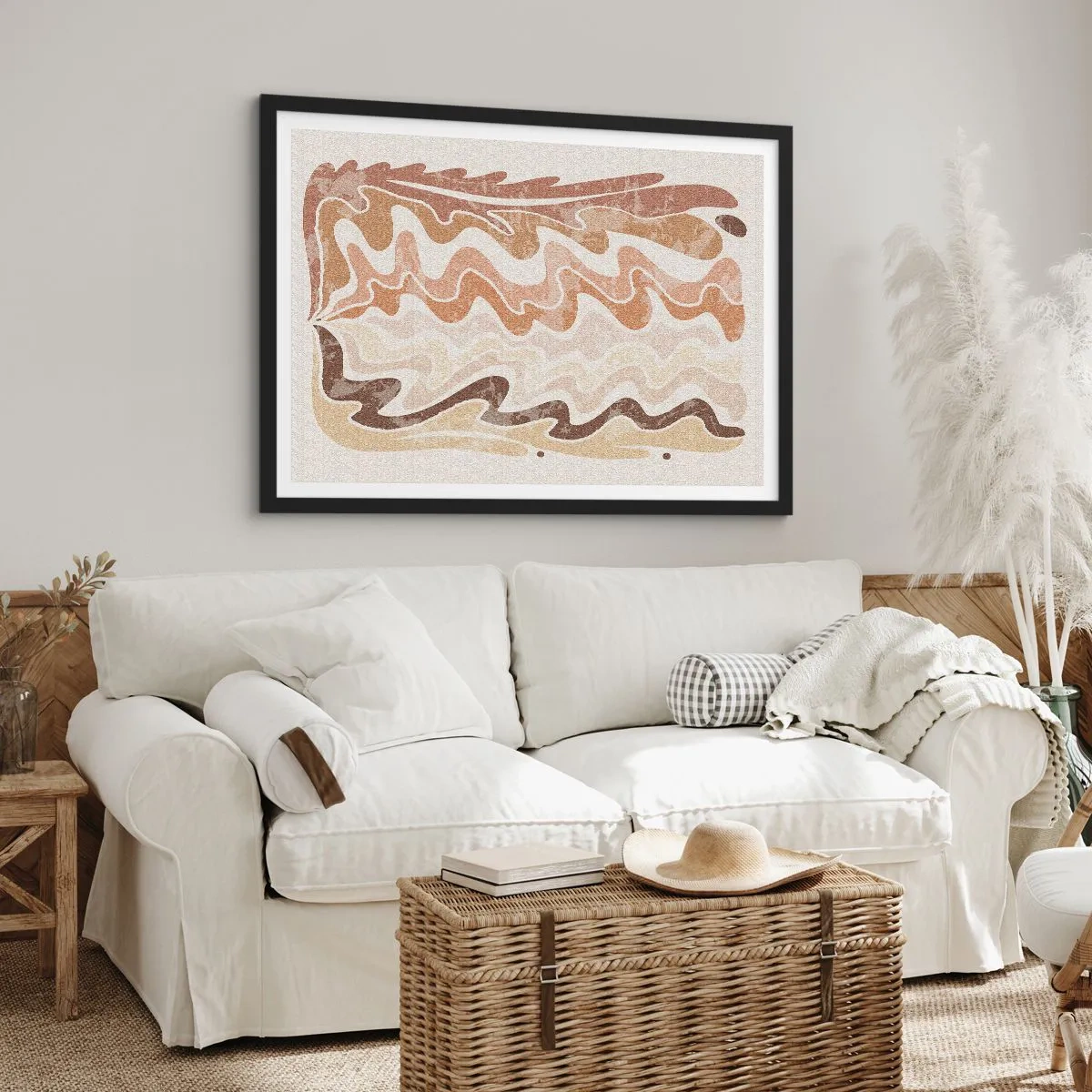 Poster in einem schwarzem Rahmen - Wellenförmige abstrakte Linien in Beigetönen - 70x50cm - Gute Energie – gute Gefühle - Moderne Wanddekoration für Wohnzimmer und Schlafzimmer ARTTOR