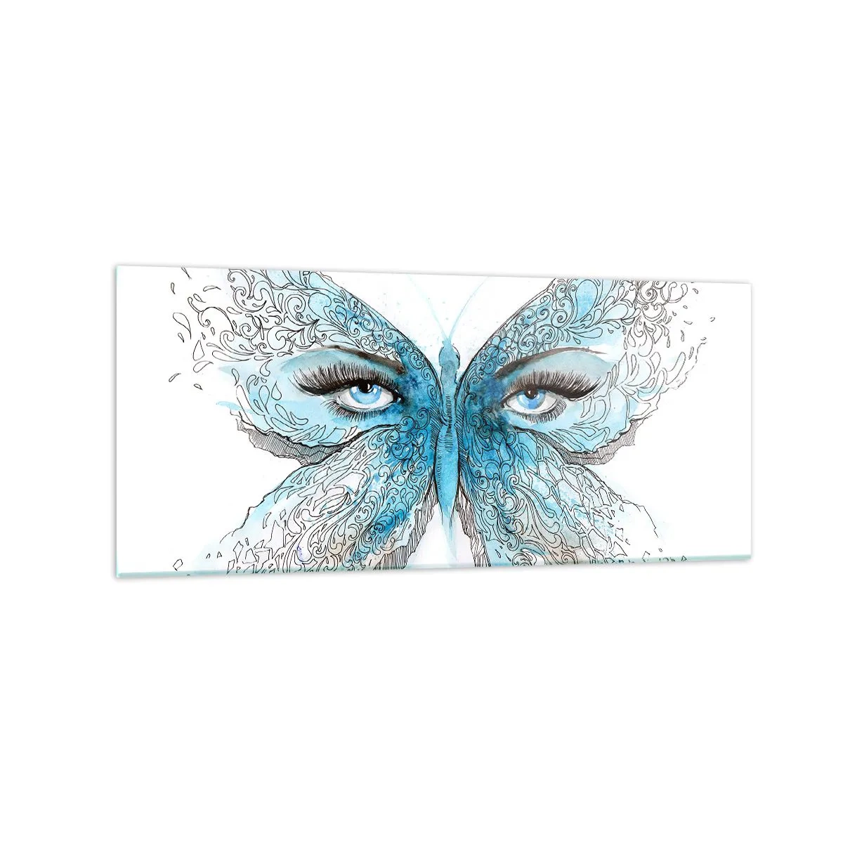 Glasbild - Bild auf glas - Künstlerisches Aquarell eines Schmetterlings mit blauen Augen - 120x50cm - Eros Blaumeise - Moderne Wanddekoration für Wohnzimmer und Schlafzimmer ARTTOR