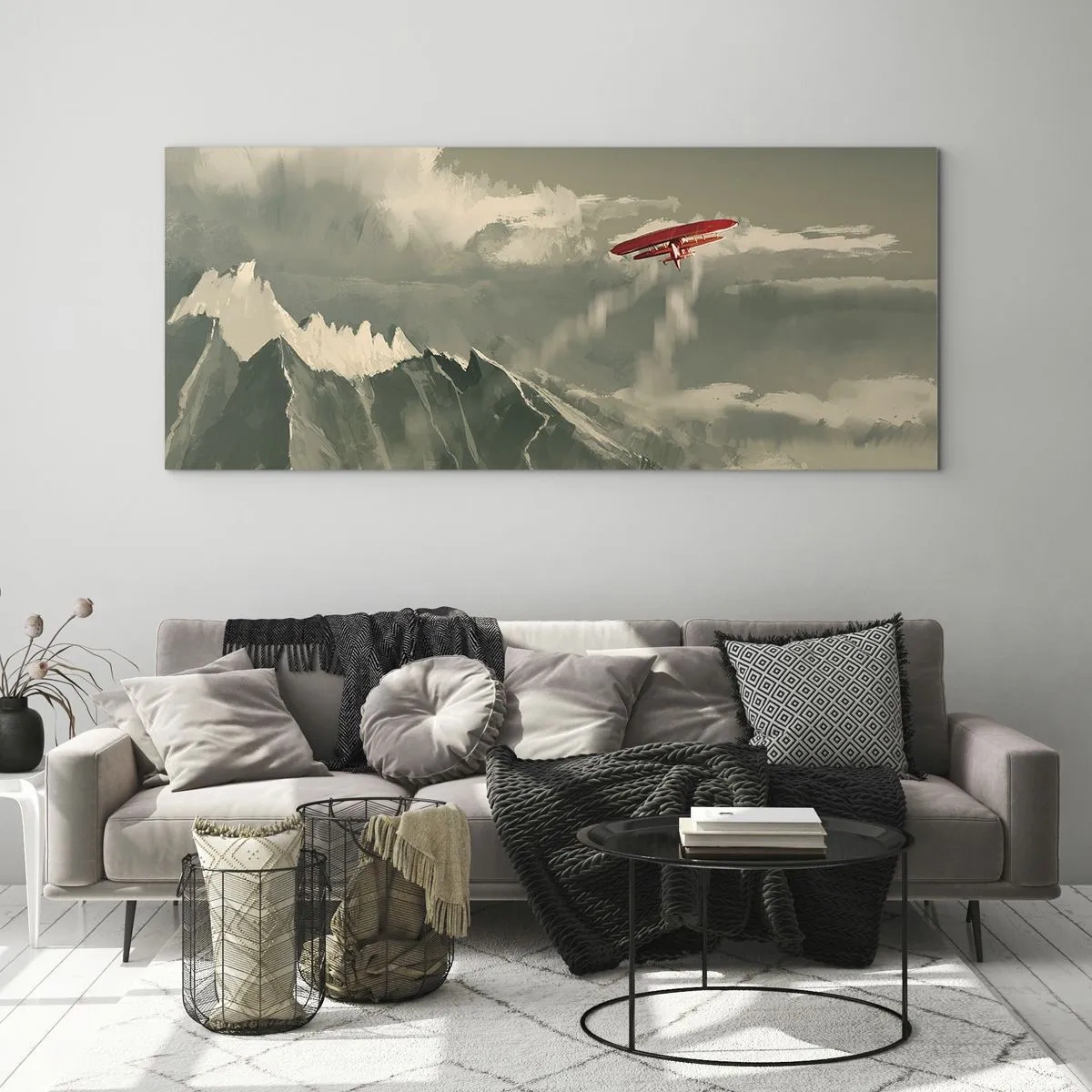 Glasbild - Bild auf glas - Rotes Flugzeug über schneebedeckten Bergen - 140x50cm - Furchtloser Pionier - Moderne Wanddekoration für Wohnzimmer und Schlafzimmer ARTTOR