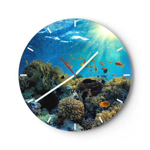 Wanduhr - Glasuhr - Buntes Korallenriff mit Fischen in den Sonnenstrahlen - 30x30cm - Unterwasserschätze - Moderne Wanddekoration für Wohnzimmer, Küche und Schlafzimmer ARTTOR