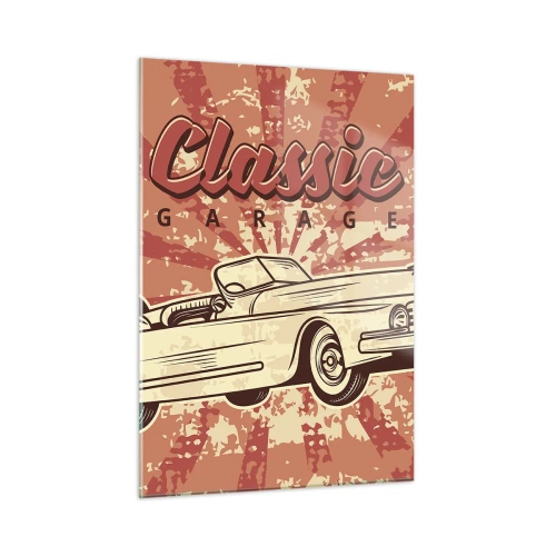 Glasbild - Bild auf glas - Retro-Grafik eines Oldtimers vor einem Strahlenhintergrund - 50x70cm - Und im Radio, Elvis - Moderne Wanddekoration für Wohnzimmer und Schlafzimmer ARTTOR
