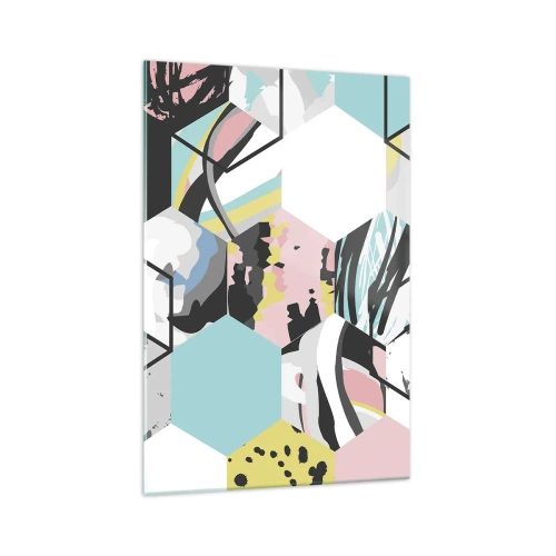 Glasbild - Bild auf glas - Geometrisches Sechseckmuster mit farbenfrohen abstrakten Details - 70x100cm - Sechsecke und Würfel in sechs Farben - Moderne Wanddekoration für Wohnzimmer und Schlafzimmer ARTTOR