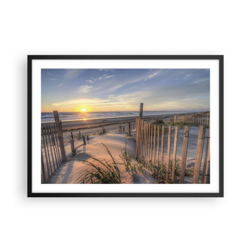 Poster in einem schwarzem Rahmen - Sonnenuntergangsstrand mit Holzzaun - 70x50cm - Schein und Schatten des Windes - Moderne Wanddekoration für Wohnzimmer und Schlafzimmer ARTTOR