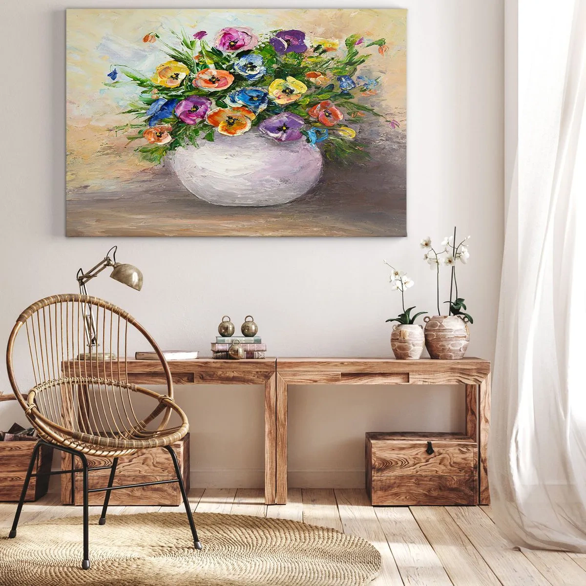 Bild auf Leinwand - Leinwandbild - Ein bunter Blumenstrauß in einer weißen Vase - 70x50cm - Stillleben mit einer weißen Vase - Moderne Wanddekoration für Wohnzimmer und Schlafzimmer ARTTOR