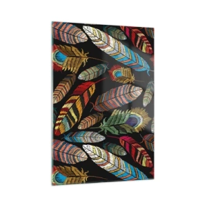 Glasbild - Bild auf glas - Bunte Federn auf dunklem Hintergrund in einem künstlerischen Muster - 50x70cm - Der Vogelkarneval - Moderne Wanddekoration für Wohnzimmer und Schlafzimmer ARTTOR