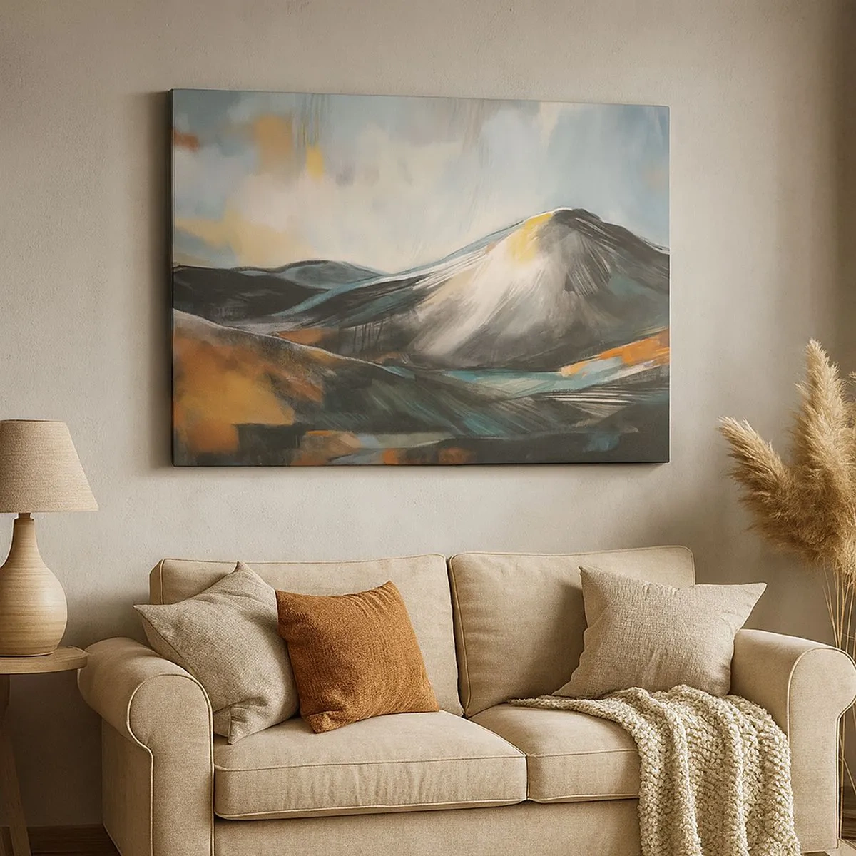 Bild auf Leinwand - Leinwandbild - Abstrakte Berglandschaft in warmen Farbtönen - 70x50cm - Roh und schön - Moderne Wanddekoration für Wohnzimmer und Schlafzimmer ARTTOR