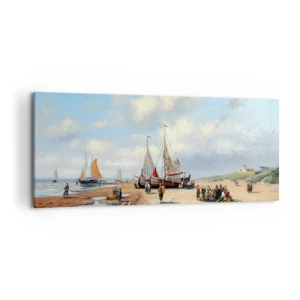 Bild auf Leinwand - Leinwandbild - Fischerboote am Strand mit menschlichen Figuren - 120x50cm - Nach einem erfolgreichen Fischfang - Moderne Wanddekoration für Wohnzimmer und Schlafzimmer ARTTOR
