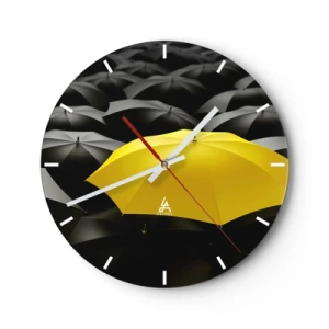 Wanduhr - Glasuhr - Ein gelber Regenschirm, der sich vom schwarzen Hintergrund abhebt - 30x30cm - Auf Wiedersehen Trauer - Moderne Wanddekoration für Wohnzimmer, Küche und Schlafzimmer ARTTOR