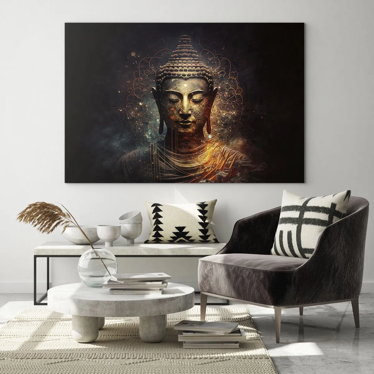 Glasbild - Bild auf glas - Eine goldene Buddhafigur auf dunklem Hintergrund mit Ornamenten - 70x50cm - Spirituelles Gleichgewicht - Moderne Wanddekoration für Wohnzimmer und Schlafzimmer ARTTOR