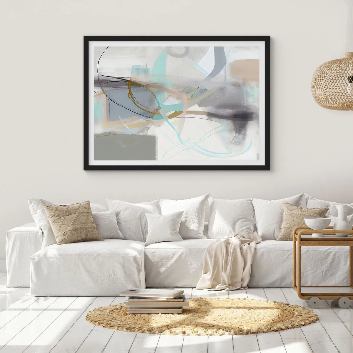 Poster in einem schwarzem Rahmen - Pastellabstraktion mit zarten Linien - 70x50cm - Neblige Abstraktion - Moderne Wanddekoration für Wohnzimmer und Schlafzimmer ARTTOR