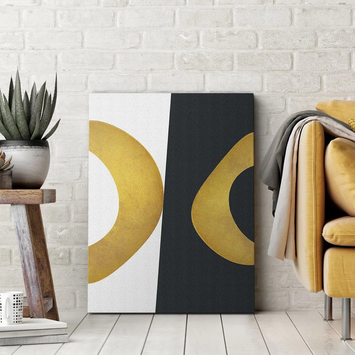 Bild auf Leinwand - Leinwandbild - Geometrische Formen in Gold auf weißem und dunklem Hintergrund - 50x70cm - Erstens: Gold - Moderne Wanddekoration für Wohnzimmer und Schlafzimmer ARTTOR