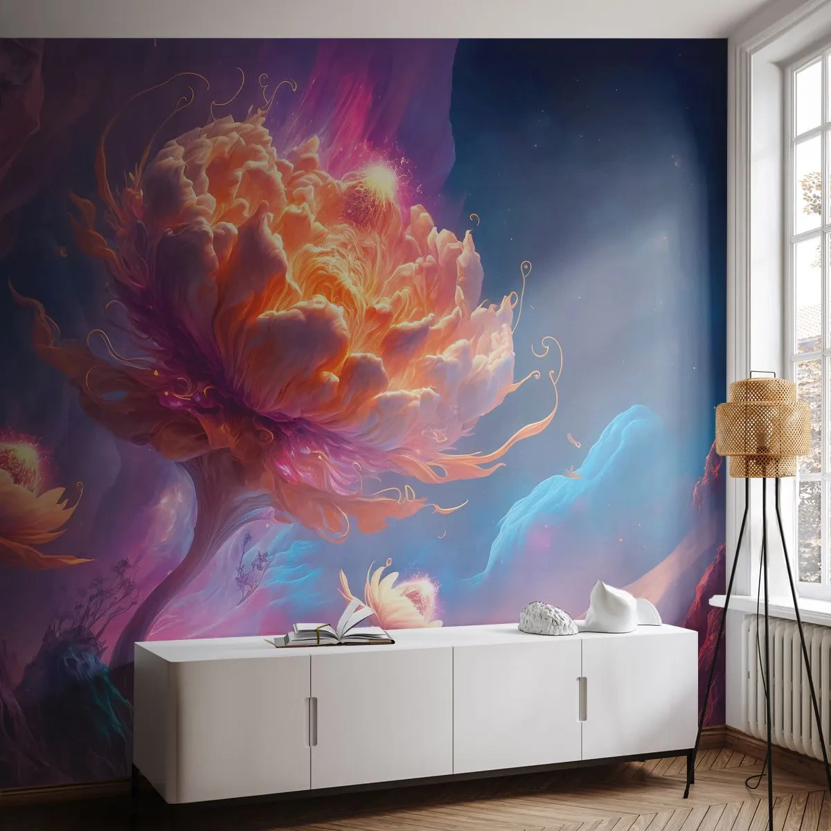 Fototapete Premium Sand - Eine Fantasieblume in einer kosmischen Landschaft - 100x70cm - Andere Welt - Moderne Wanddekoration für Wohnzimmer und Schlafzimmer ARTTOR